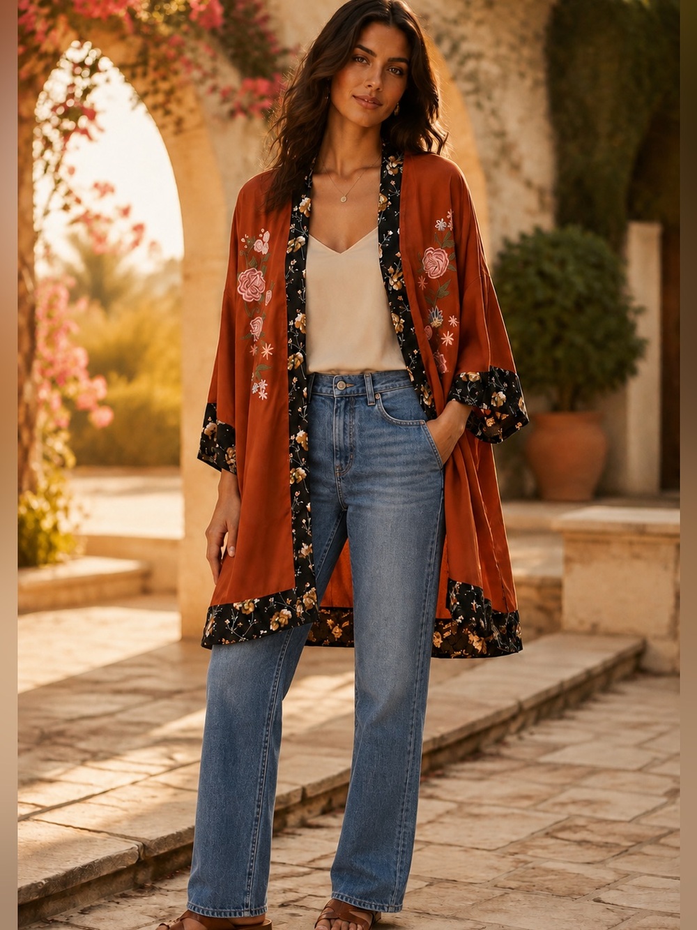 🌸Rust Floral Embroidered Kimono with Black Trim Duster🌸
